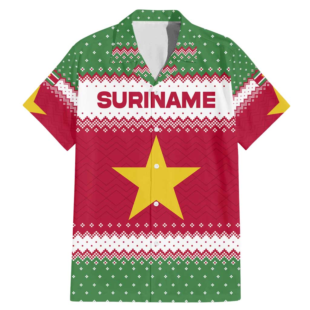 Suriname Christmas Family Matching Mermaid Dress and Hawaiian Shirt with Red-Green Knit Pattern, Yellow Star, and Santa Leopard Motif - Wonder Print Shop