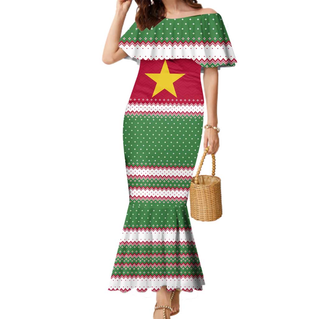 Suriname Christmas Family Matching Mermaid Dress and Hawaiian Shirt with Red-Green Knit Pattern, Yellow Star, and Santa Leopard Motif - Wonder Print Shop