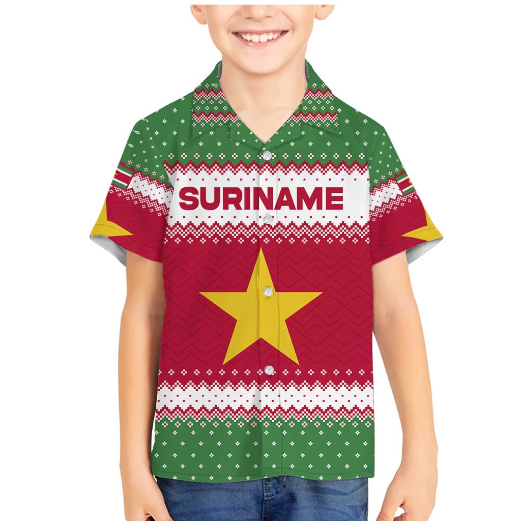 Suriname Christmas Family Matching Mermaid Dress and Hawaiian Shirt with Red-Green Knit Pattern, Yellow Star, and Santa Leopard Motif - Wonder Print Shop