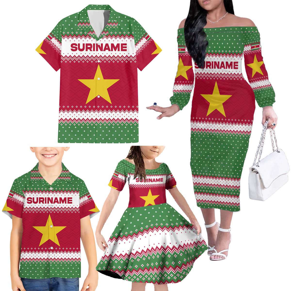 Suriname Christmas Family Matching Off The Shoulder Long Sleeve Dress and Hawaiian Shirt with Red-Green Knit Pattern, Yellow Star, and Santa Leopard Motif - Wonder Print Shop