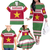 Suriname Christmas Family Matching Off The Shoulder Long Sleeve Dress and Hawaiian Shirt with Red-Green Knit Pattern, Yellow Star, and Santa Leopard Motif - Wonder Print Shop
