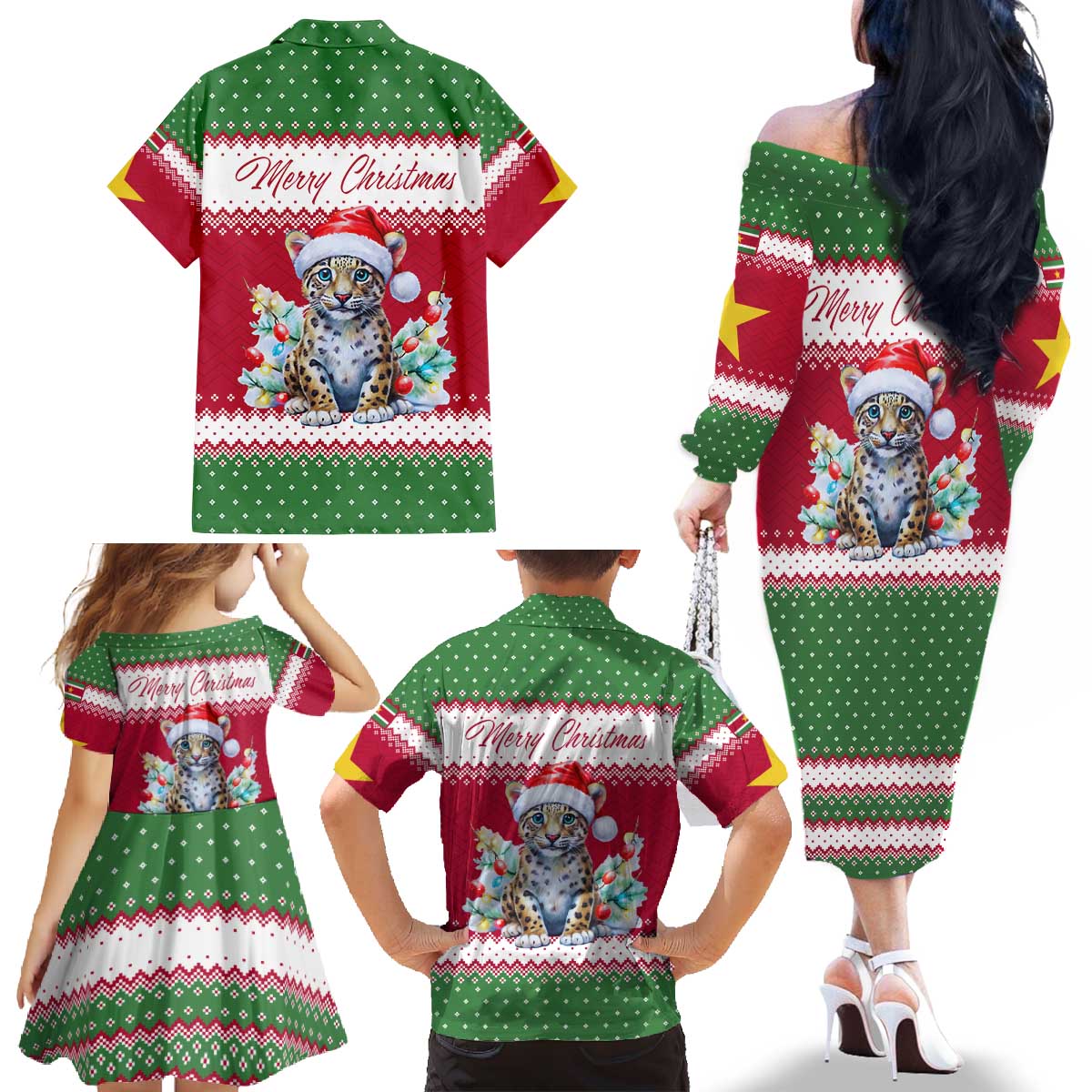 Suriname Christmas Family Matching Off The Shoulder Long Sleeve Dress and Hawaiian Shirt with Red-Green Knit Pattern, Yellow Star, and Santa Leopard Motif - Wonder Print Shop