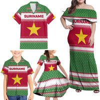 Suriname Christmas Family Matching Off Shoulder Maxi Dress and Hawaiian Shirt with Red-Green Knit Pattern, Yellow Star, and Santa Leopard Motif - Wonder Print Shop