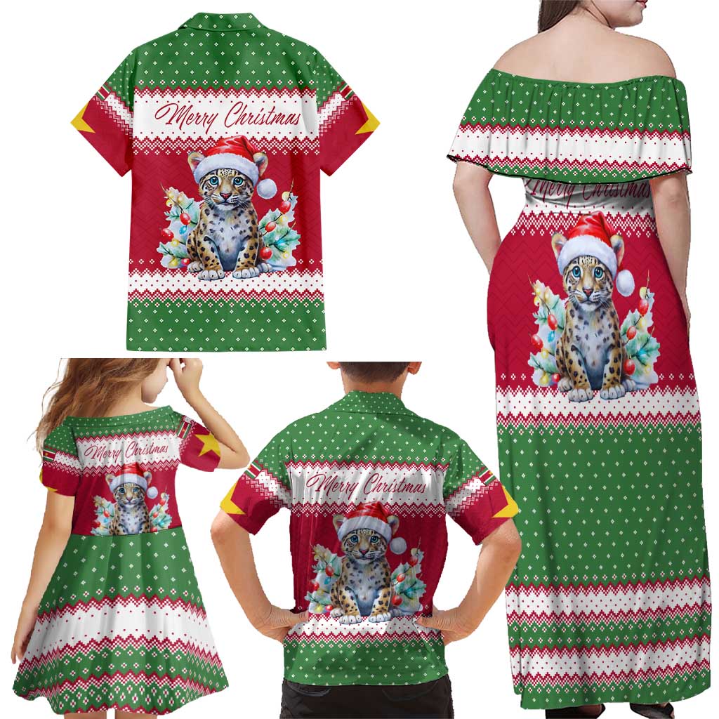 Suriname Christmas Family Matching Off Shoulder Maxi Dress and Hawaiian Shirt with Red-Green Knit Pattern, Yellow Star, and Santa Leopard Motif - Wonder Print Shop