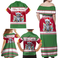 Suriname Christmas Family Matching Off Shoulder Maxi Dress and Hawaiian Shirt with Red-Green Knit Pattern, Yellow Star, and Santa Leopard Motif - Wonder Print Shop