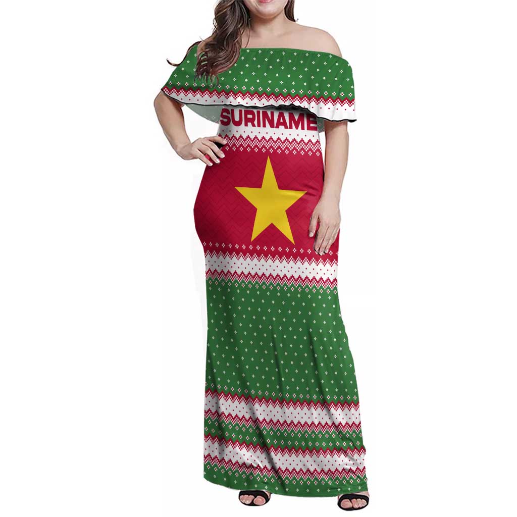 Suriname Christmas Family Matching Off Shoulder Maxi Dress and Hawaiian Shirt with Red-Green Knit Pattern, Yellow Star, and Santa Leopard Motif - Wonder Print Shop