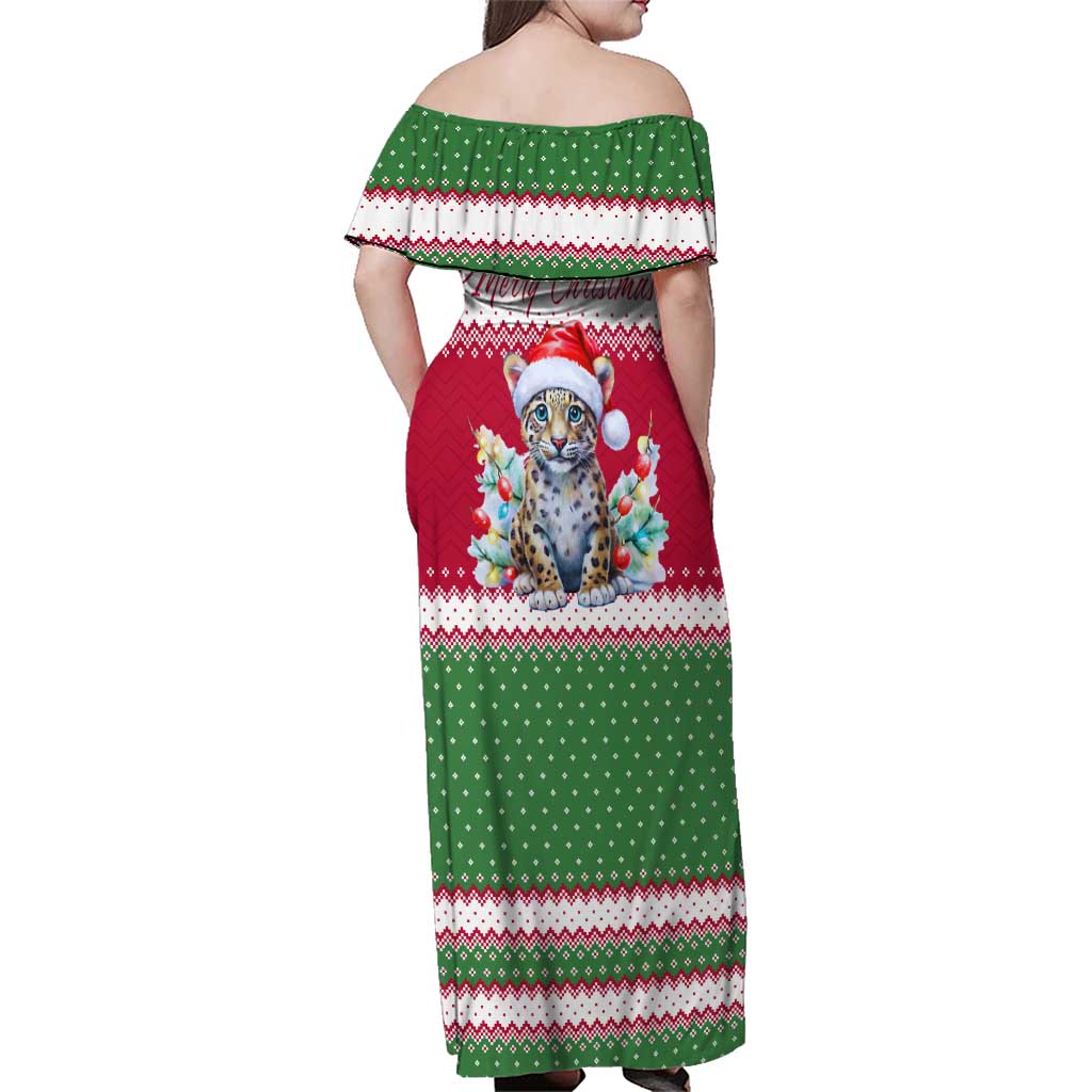 Suriname Christmas Family Matching Off Shoulder Maxi Dress and Hawaiian Shirt with Red-Green Knit Pattern, Yellow Star, and Santa Leopard Motif - Wonder Print Shop