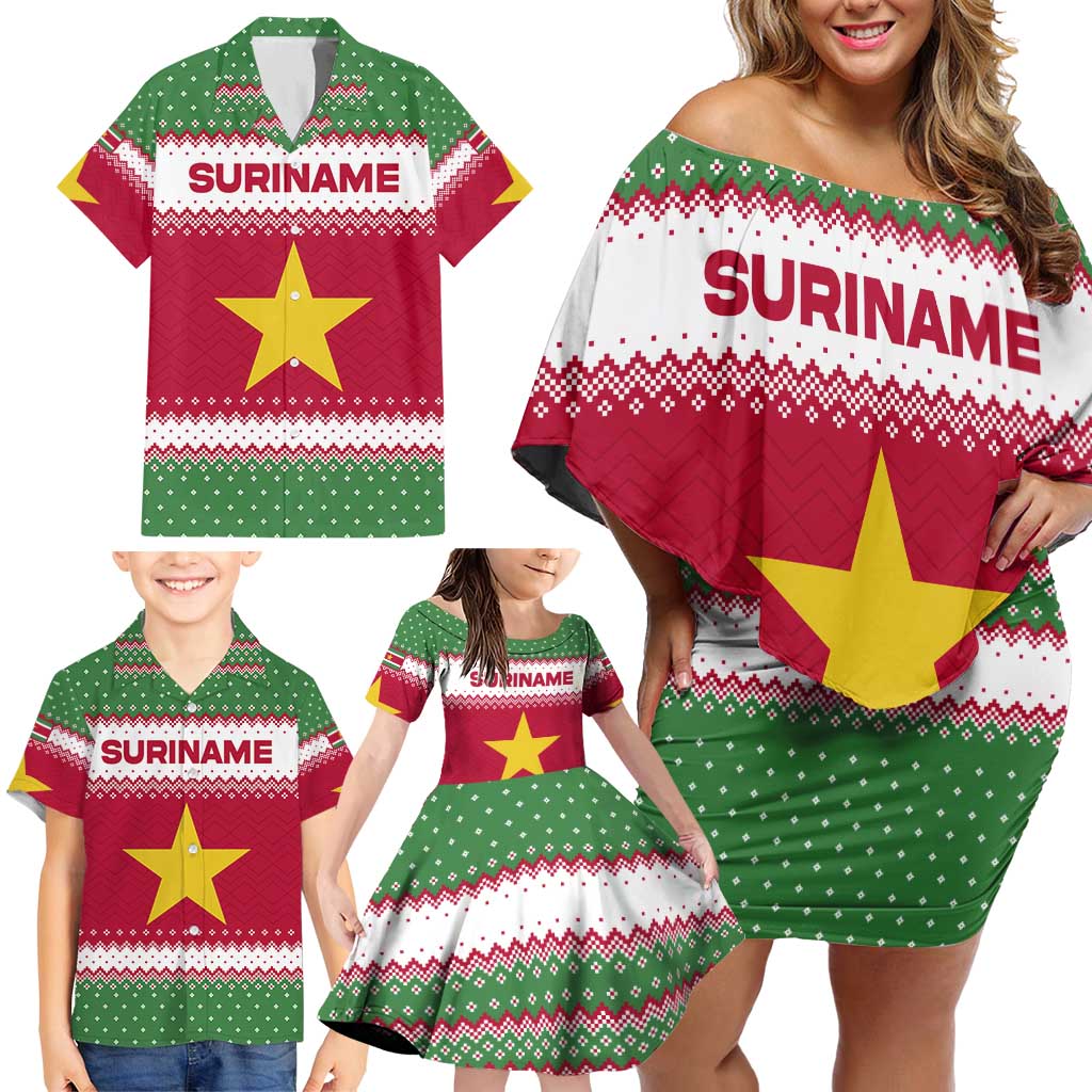 Suriname Christmas Family Matching Off Shoulder Short Dress and Hawaiian Shirt with Red-Green Knit Pattern, Yellow Star, and Santa Leopard Motif - Wonder Print Shop