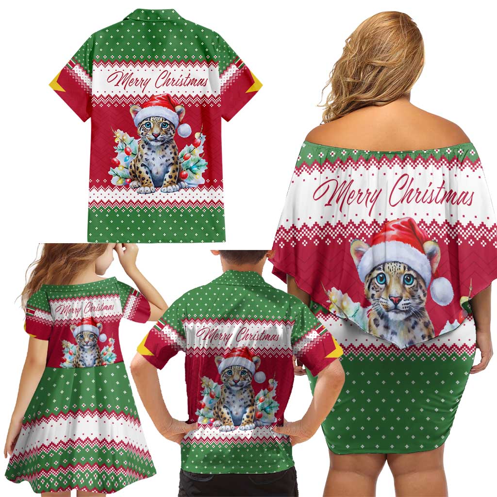 Suriname Christmas Family Matching Off Shoulder Short Dress and Hawaiian Shirt with Red-Green Knit Pattern, Yellow Star, and Santa Leopard Motif - Wonder Print Shop