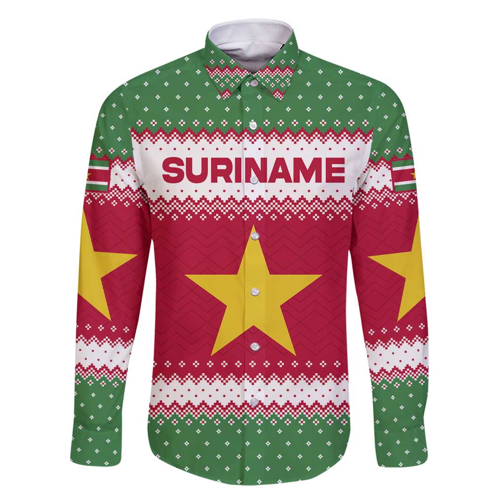 Suriname Christmas Family Matching Off Shoulder Short Dress and Hawaiian Shirt with Red-Green Knit Pattern, Yellow Star, and Santa Leopard Motif - Wonder Print Shop