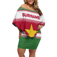Suriname Christmas Family Matching Off Shoulder Short Dress and Hawaiian Shirt with Red-Green Knit Pattern, Yellow Star, and Santa Leopard Motif - Wonder Print Shop