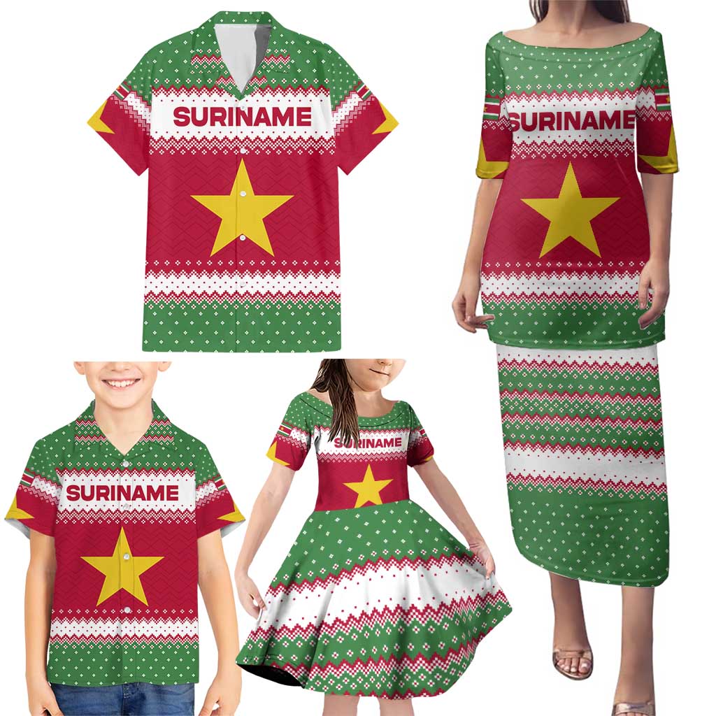 Suriname Christmas Family Matching Puletasi and Hawaiian Shirt with Red-Green Knit Pattern, Yellow Star, and Santa Leopard Motif - Wonder Print Shop