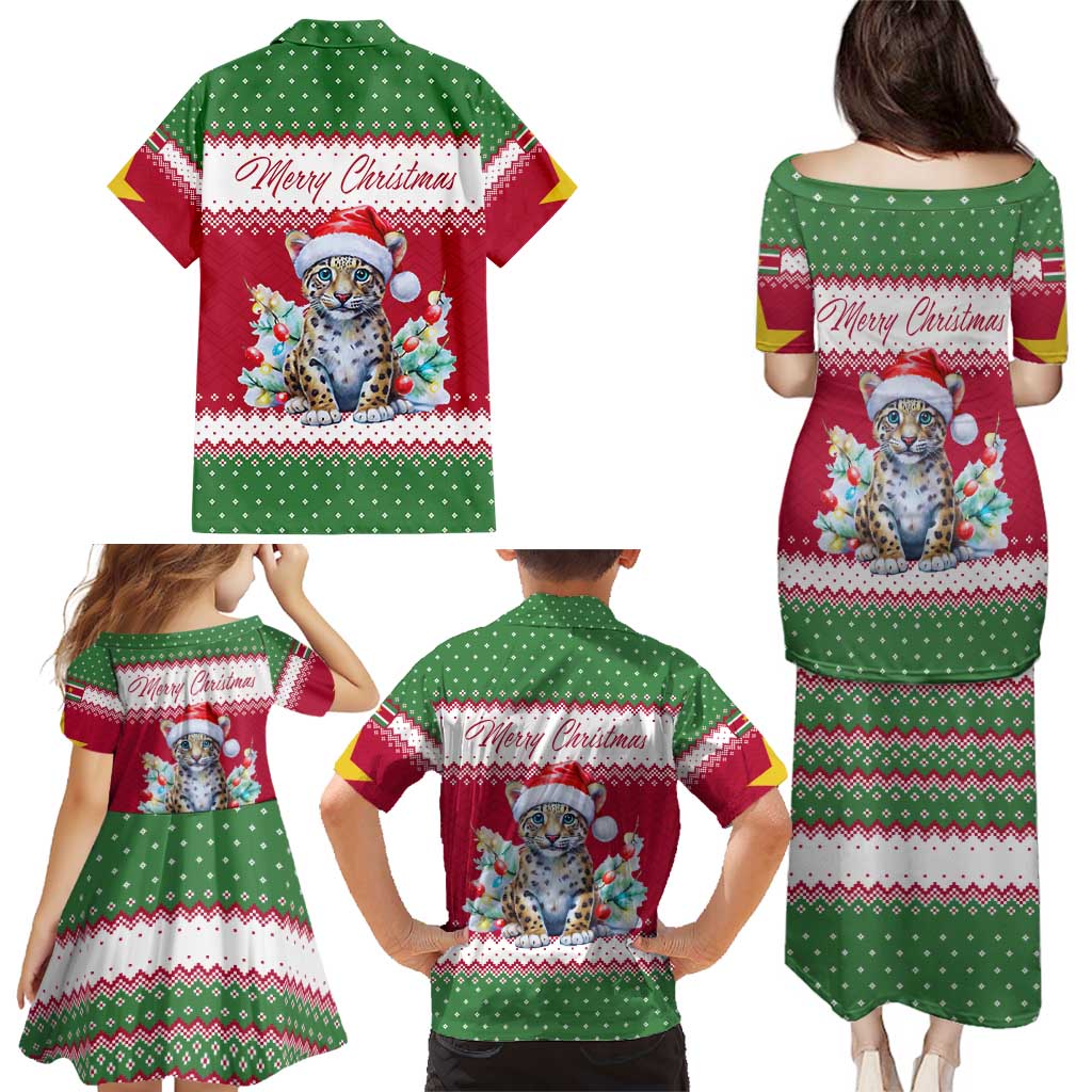Suriname Christmas Family Matching Puletasi and Hawaiian Shirt with Red-Green Knit Pattern, Yellow Star, and Santa Leopard Motif - Wonder Print Shop