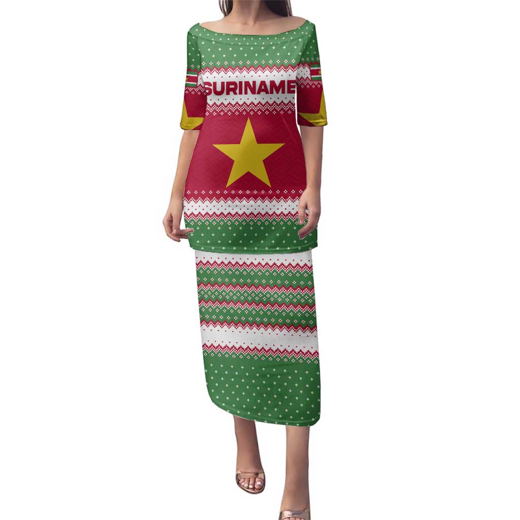 Suriname Christmas Family Matching Puletasi and Hawaiian Shirt with Red-Green Knit Pattern, Yellow Star, and Santa Leopard Motif - Wonder Print Shop