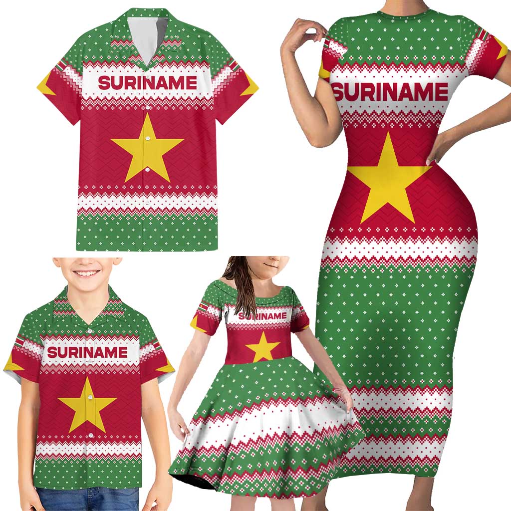 Suriname Christmas Family Matching Short Sleeve Bodycon Dress and Hawaiian Shirt with Red-Green Knit Pattern, Yellow Star, and Santa Leopard Motif - Wonder Print Shop