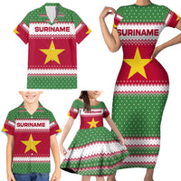 Suriname Christmas Family Matching Short Sleeve Bodycon Dress and Hawaiian Shirt with Red-Green Knit Pattern, Yellow Star, and Santa Leopard Motif - Wonder Print Shop