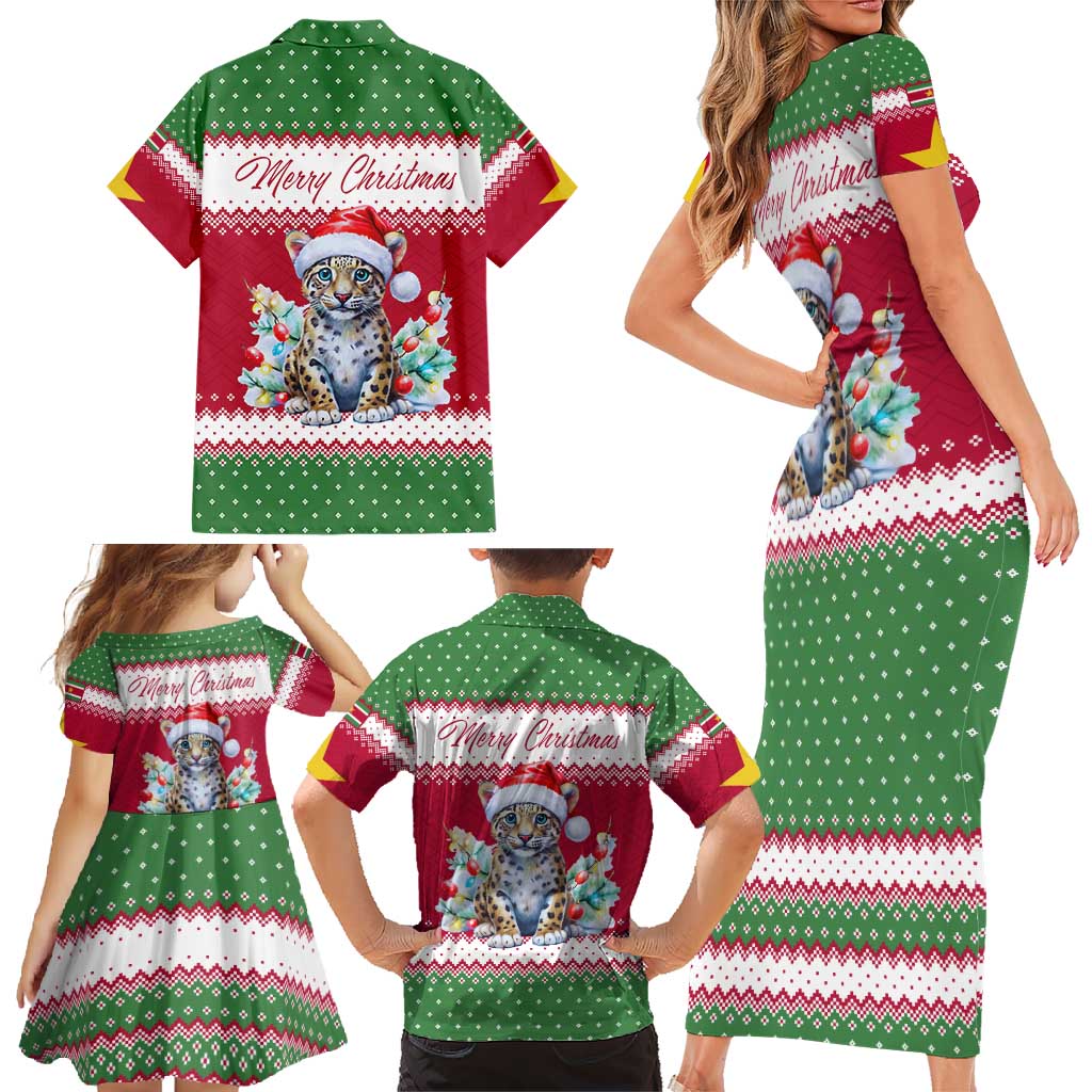 Suriname Christmas Family Matching Short Sleeve Bodycon Dress and Hawaiian Shirt with Red-Green Knit Pattern, Yellow Star, and Santa Leopard Motif - Wonder Print Shop