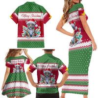 Suriname Christmas Family Matching Short Sleeve Bodycon Dress and Hawaiian Shirt with Red-Green Knit Pattern, Yellow Star, and Santa Leopard Motif - Wonder Print Shop
