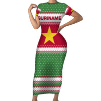 Suriname Christmas Family Matching Short Sleeve Bodycon Dress and Hawaiian Shirt with Red-Green Knit Pattern, Yellow Star, and Santa Leopard Motif - Wonder Print Shop