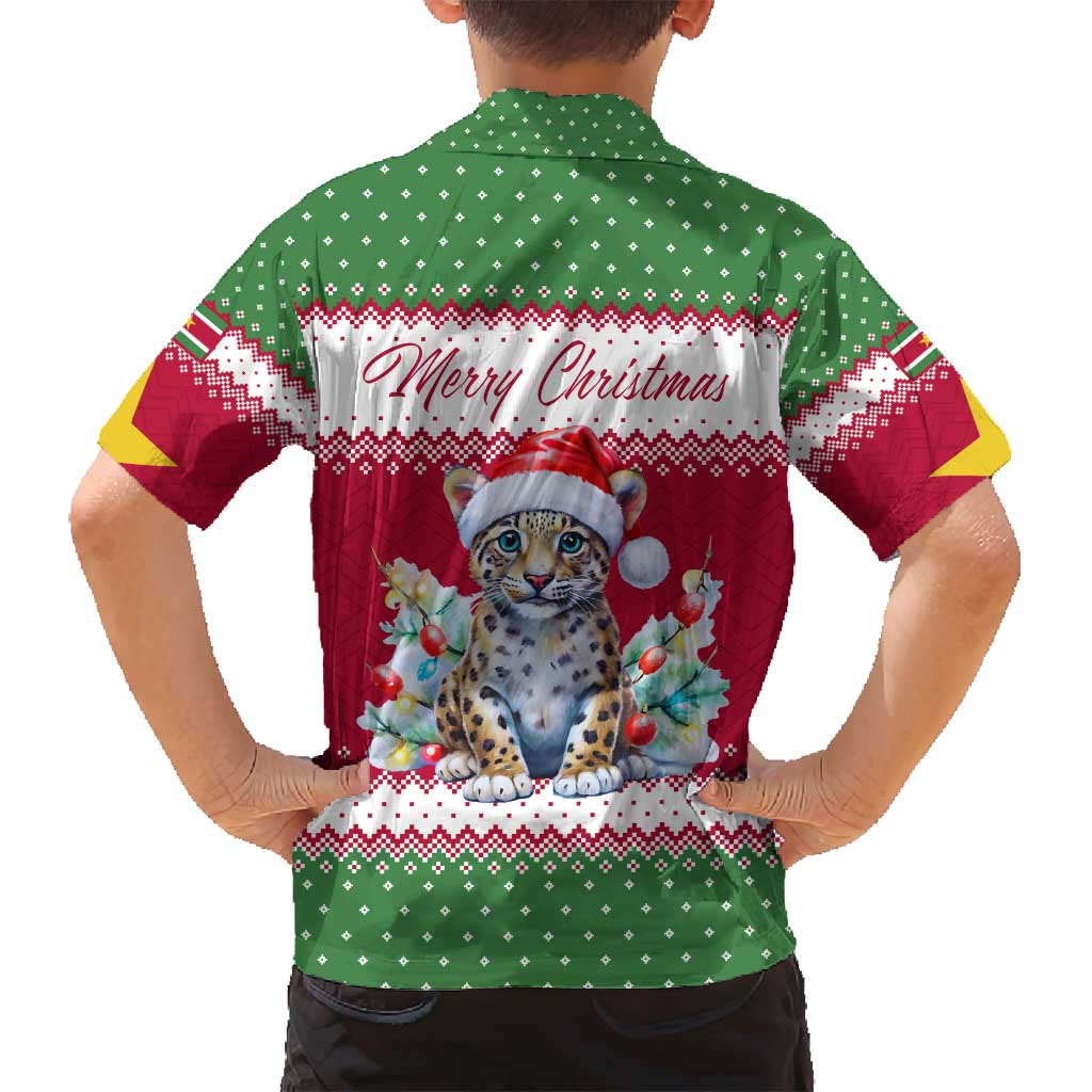 Suriname Christmas Family Matching Summer Maxi Dress and Hawaiian Shirt with Red-Green Knit Pattern, Yellow Star, and Santa Leopard Motif - Wonder Print Shop