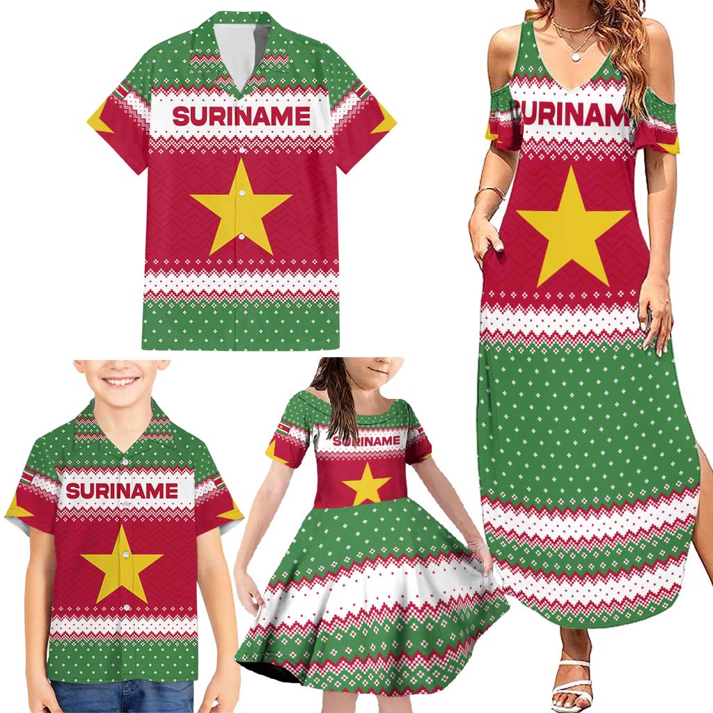 Suriname Christmas Family Matching Summer Maxi Dress and Hawaiian Shirt with Red-Green Knit Pattern, Yellow Star, and Santa Leopard Motif - Wonder Print Shop