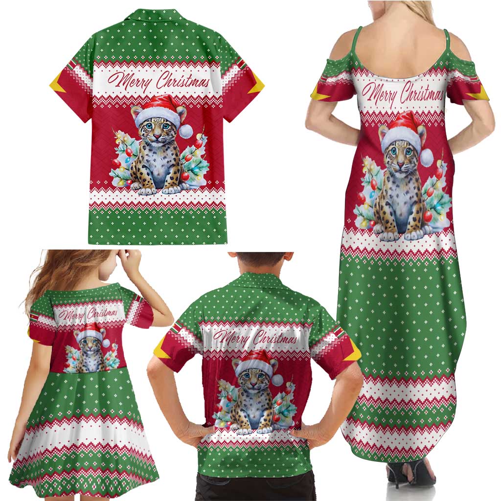 Suriname Christmas Family Matching Summer Maxi Dress and Hawaiian Shirt with Red-Green Knit Pattern, Yellow Star, and Santa Leopard Motif - Wonder Print Shop