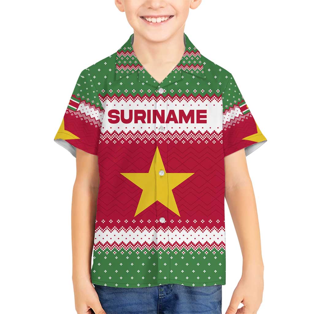 Suriname Christmas Family Matching Summer Maxi Dress and Hawaiian Shirt with Red-Green Knit Pattern, Yellow Star, and Santa Leopard Motif - Wonder Print Shop