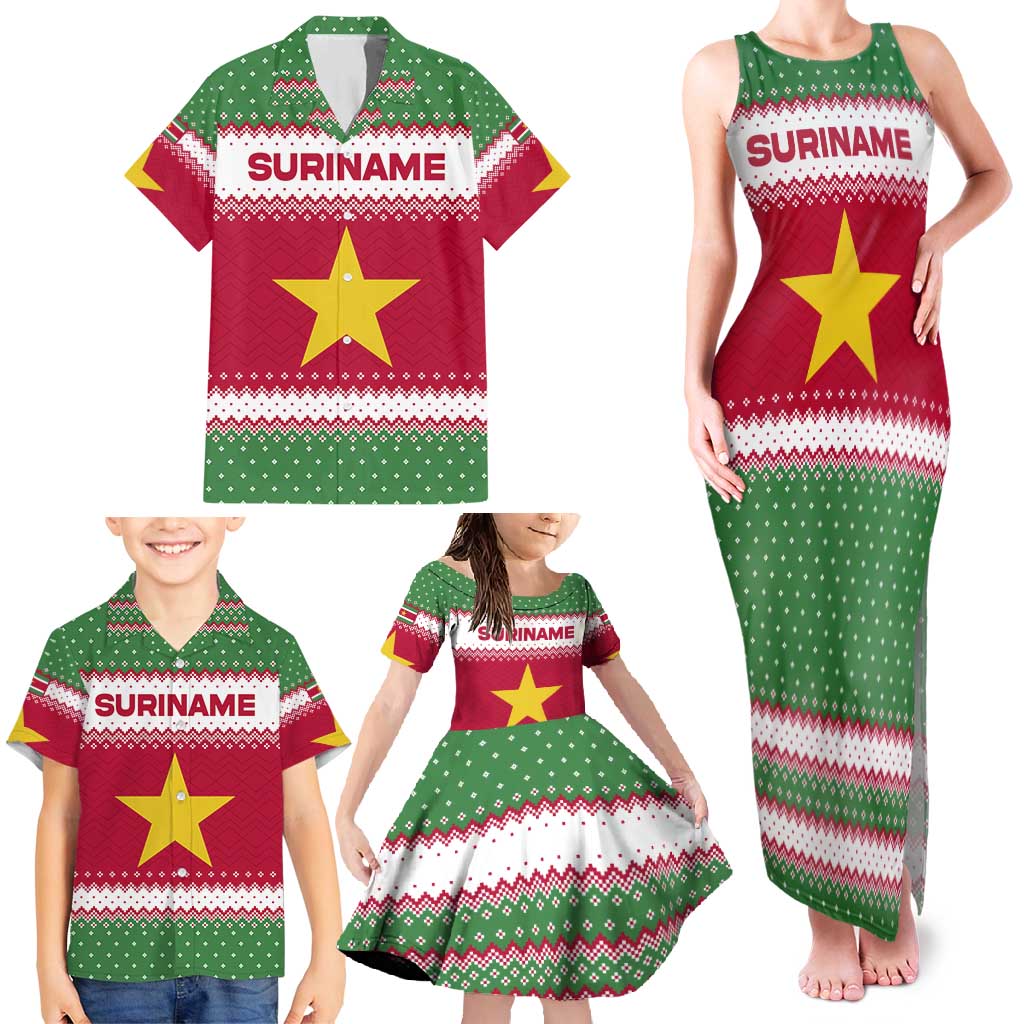 Suriname Christmas Family Matching Tank Maxi Dress and Hawaiian Shirt with Red-Green Knit Pattern, Yellow Star, and Santa Leopard Motif - Wonder Print Shop