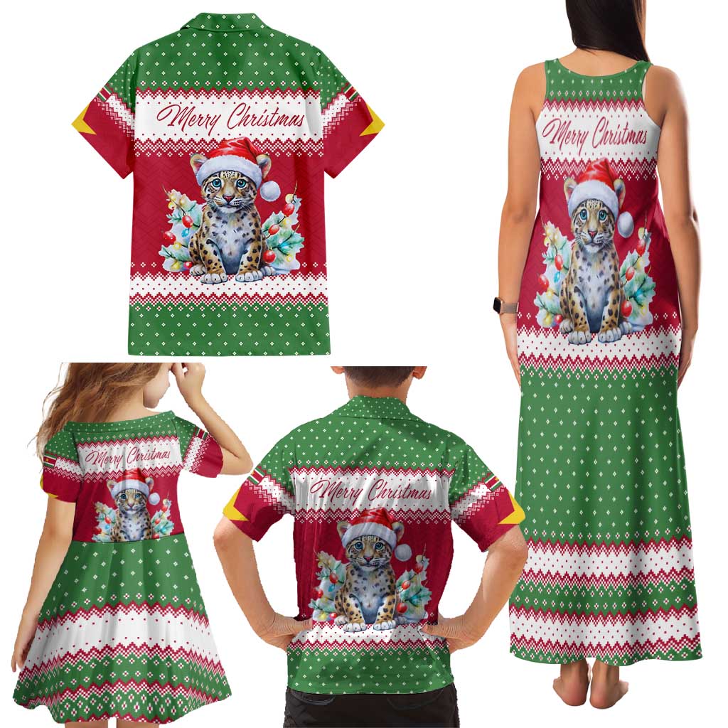 Suriname Christmas Family Matching Tank Maxi Dress and Hawaiian Shirt with Red-Green Knit Pattern, Yellow Star, and Santa Leopard Motif - Wonder Print Shop