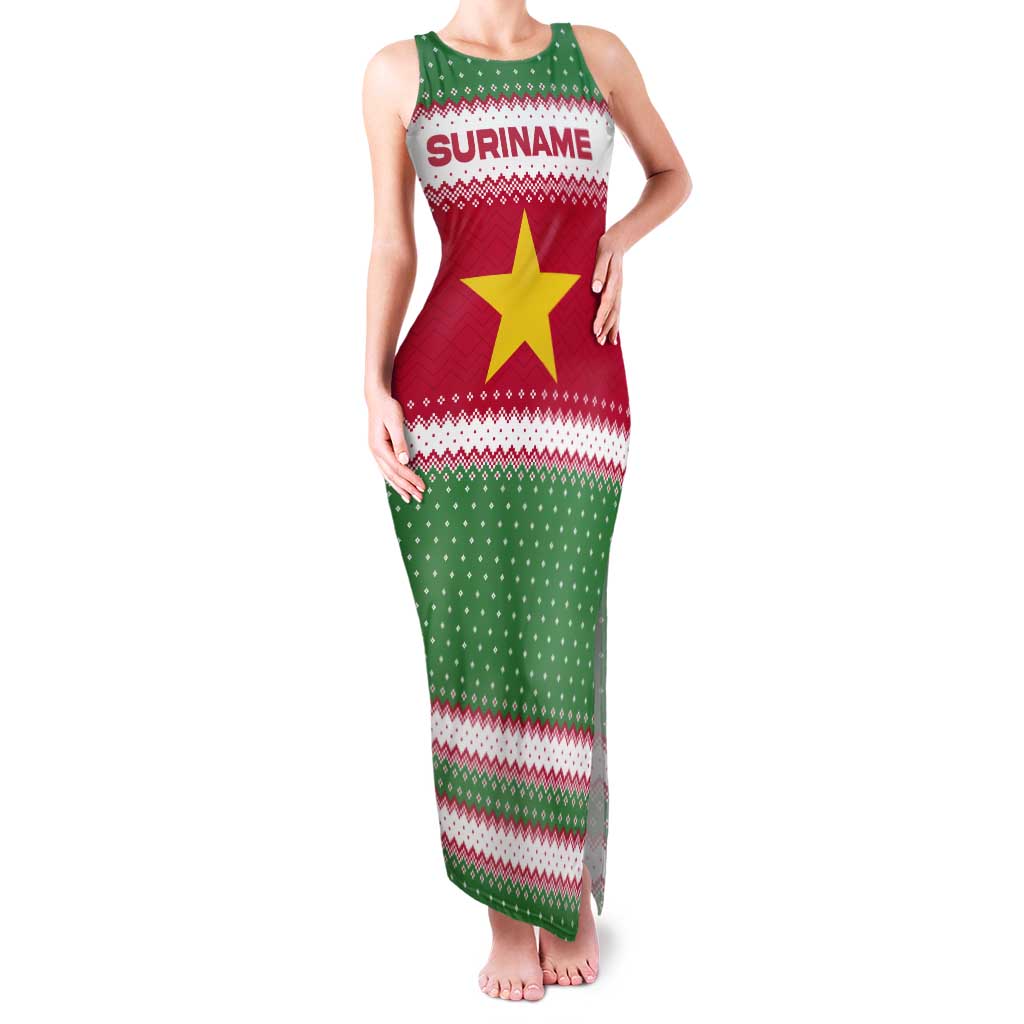 Suriname Christmas Family Matching Tank Maxi Dress and Hawaiian Shirt with Red-Green Knit Pattern, Yellow Star, and Santa Leopard Motif - Wonder Print Shop