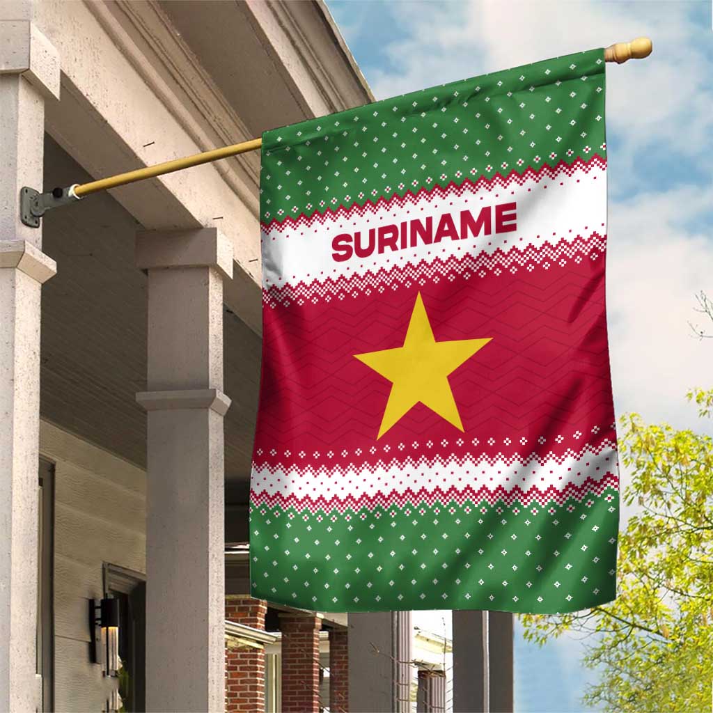 Suriname Christmas Garden Flag with Red-Green Knit Pattern, Yellow Star, and Santa Leopard Motif - Wonder Print Shop