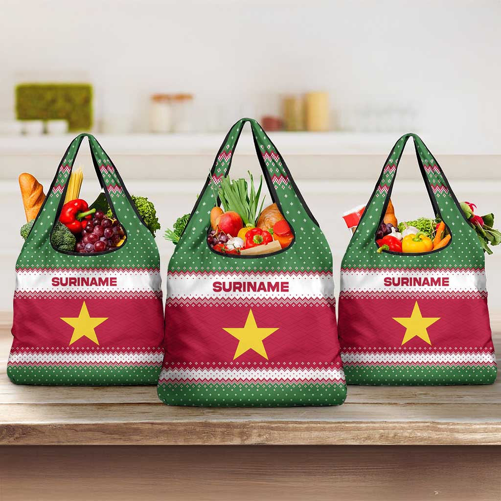 Suriname Christmas Grocery Bag with Red-Green Knit Pattern, Yellow Star, and Santa Leopard Motif - Wonder Print Shop