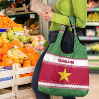 Suriname Christmas Grocery Bag with Red-Green Knit Pattern, Yellow Star, and Santa Leopard Motif - Wonder Print Shop