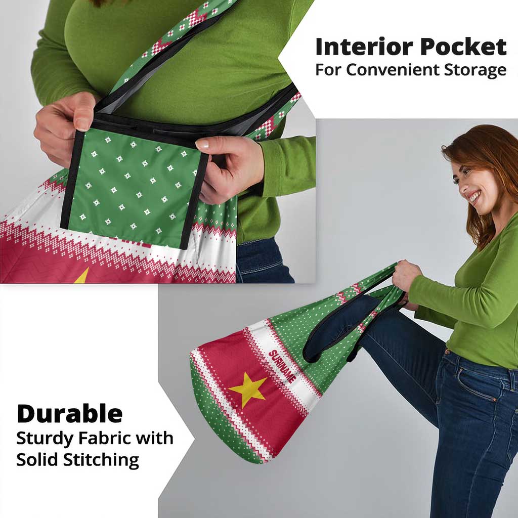 Suriname Christmas Grocery Bag with Red-Green Knit Pattern, Yellow Star, and Santa Leopard Motif - Wonder Print Shop