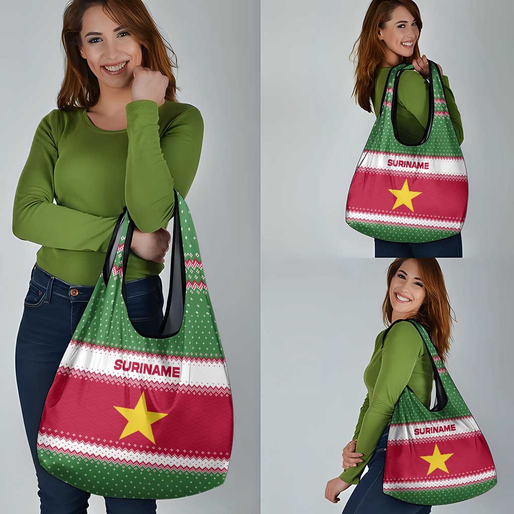 Suriname Christmas Grocery Bag with Red-Green Knit Pattern, Yellow Star, and Santa Leopard Motif - Wonder Print Shop