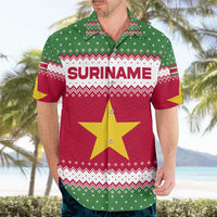 Suriname Christmas Hawaiian Shirt with Red-Green Knit Pattern, Yellow Star, and Santa Leopard Motif - Wonder Print Shop