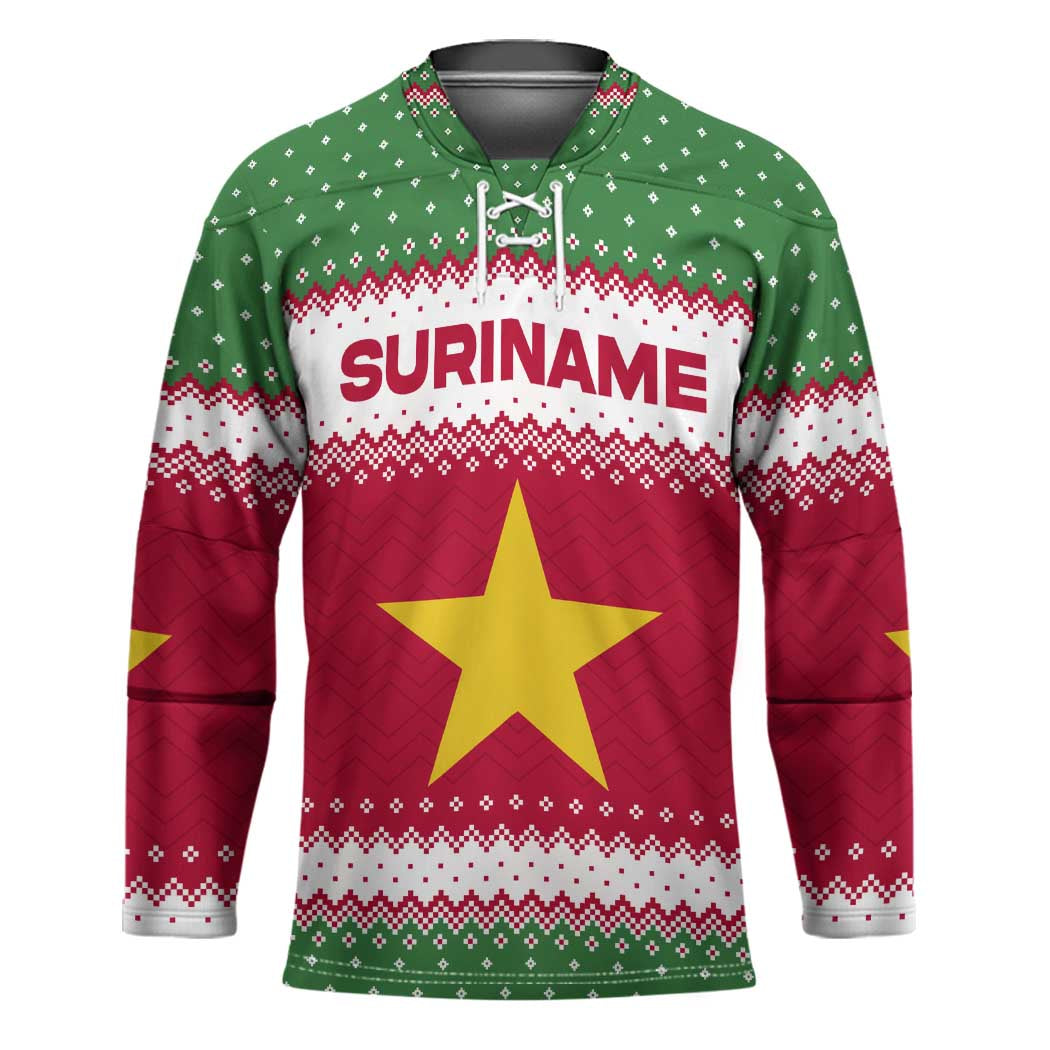Suriname Christmas Hockey Jersey with Red-Green Knit Pattern, Yellow Star, and Santa Leopard Motif - Wonder Print Shop