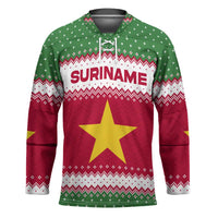 Suriname Christmas Hockey Jersey with Red-Green Knit Pattern, Yellow Star, and Santa Leopard Motif - Wonder Print Shop