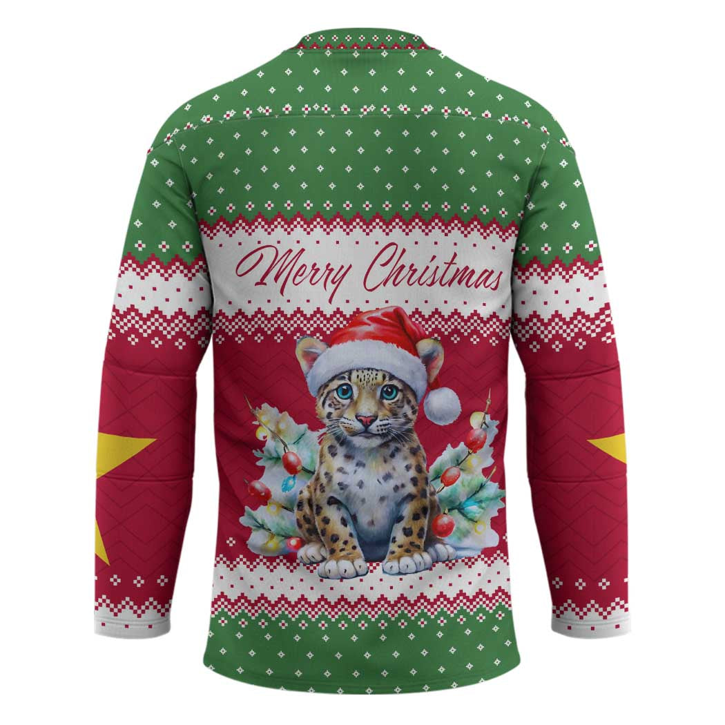 Suriname Christmas Hockey Jersey with Red-Green Knit Pattern, Yellow Star, and Santa Leopard Motif - Wonder Print Shop