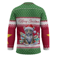 Suriname Christmas Hockey Jersey with Red-Green Knit Pattern, Yellow Star, and Santa Leopard Motif - Wonder Print Shop