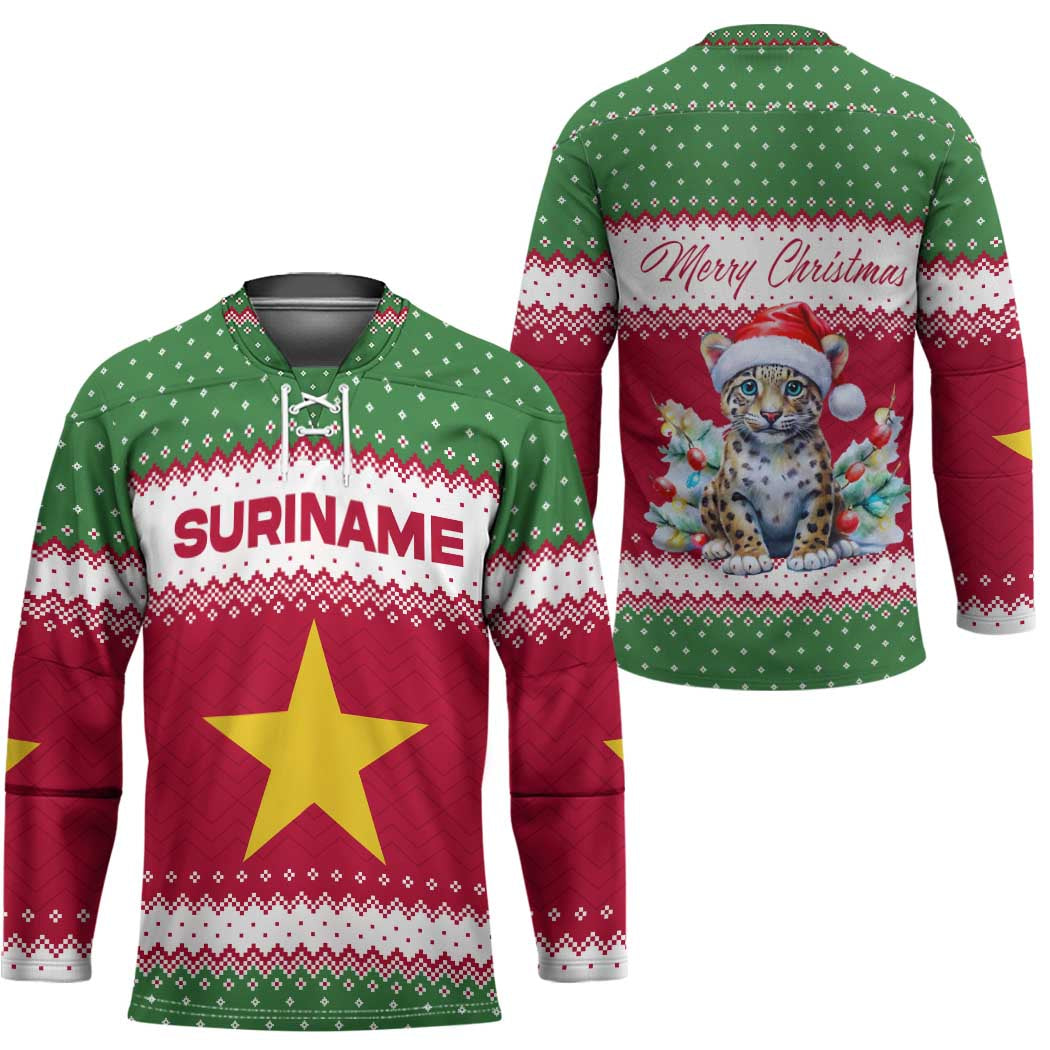 Suriname Christmas Hockey Jersey with Red-Green Knit Pattern, Yellow Star, and Santa Leopard Motif - Wonder Print Shop