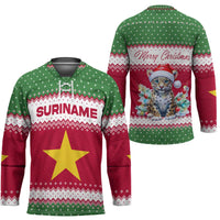 Suriname Christmas Hockey Jersey with Red-Green Knit Pattern, Yellow Star, and Santa Leopard Motif - Wonder Print Shop