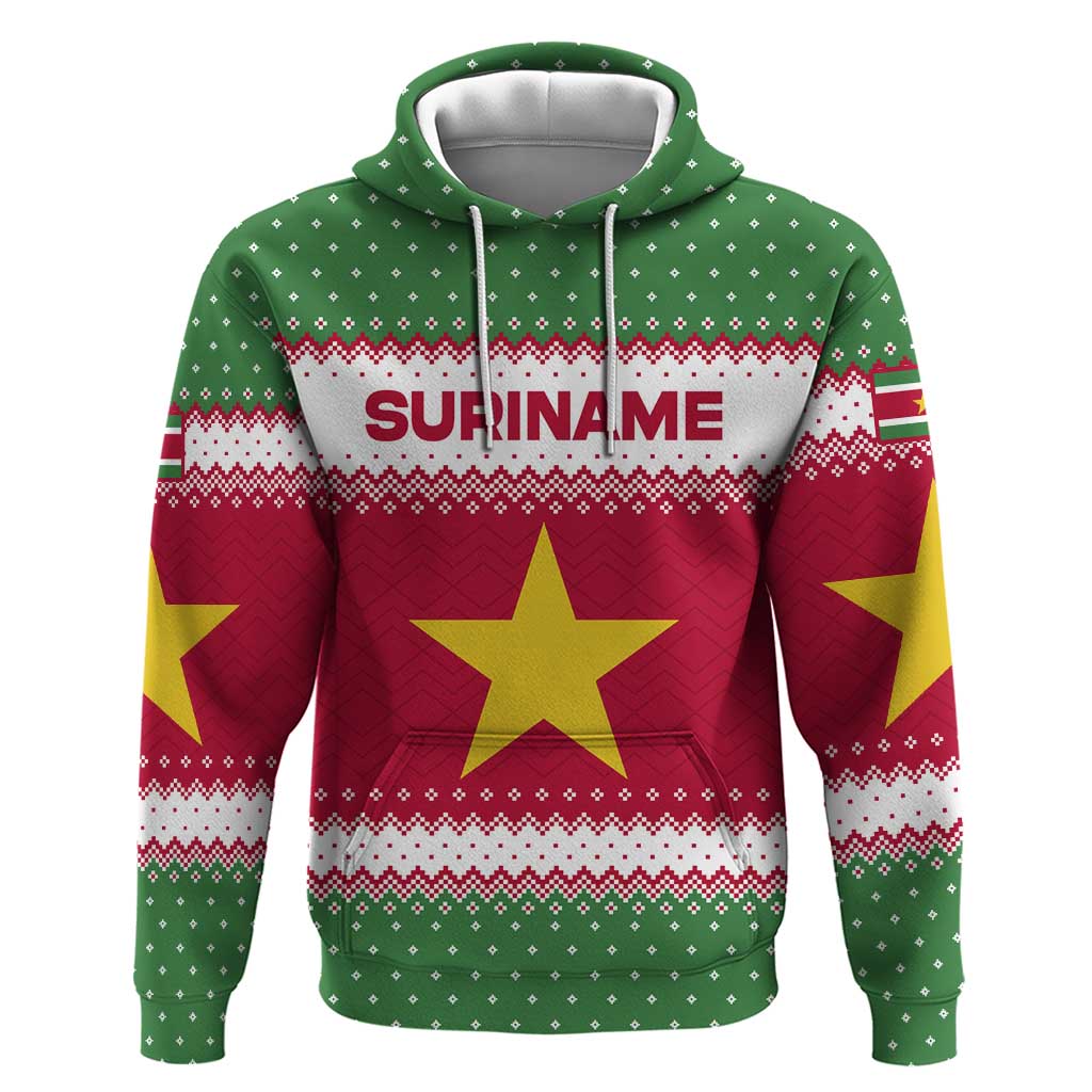 Suriname Christmas Hoodie with Red-Green Knit Pattern, Yellow Star, and Santa Leopard Motif - Wonder Print Shop