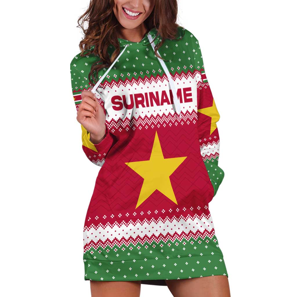 Suriname Christmas Hoodie Dress with Red-Green Knit Pattern, Yellow Star, and Santa Leopard Motif - Wonder Print Shop