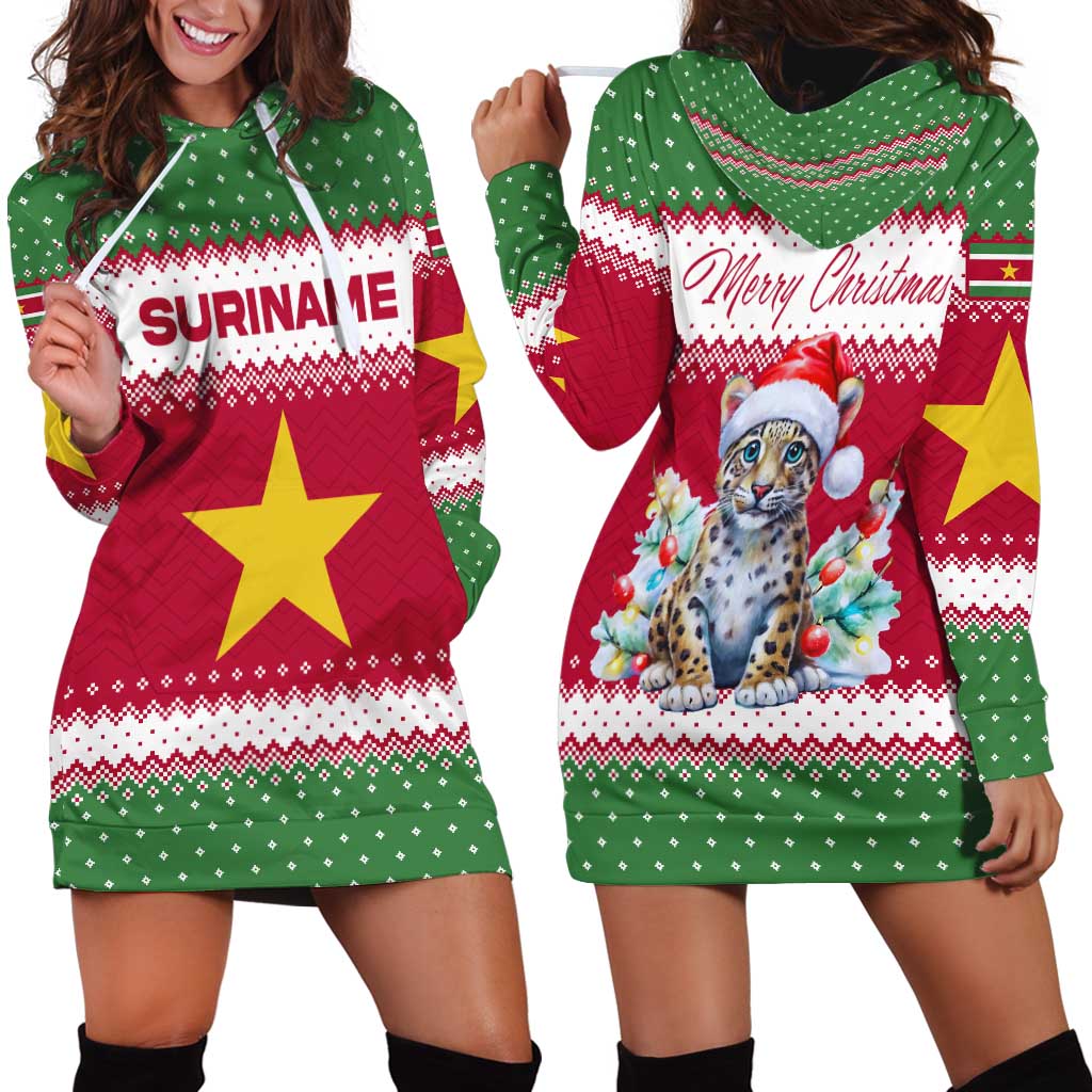 Suriname Christmas Hoodie Dress with Red-Green Knit Pattern, Yellow Star, and Santa Leopard Motif - Wonder Print Shop