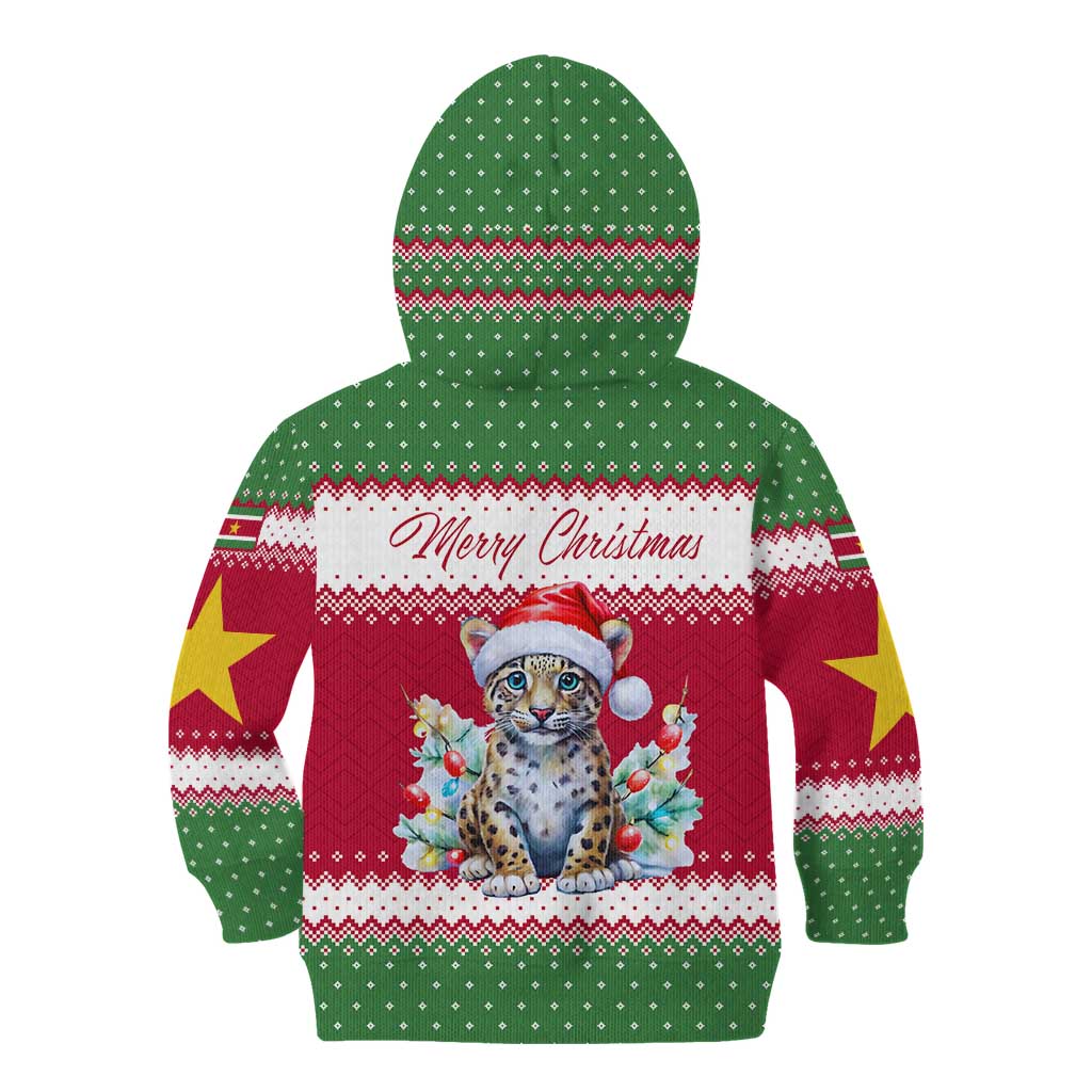 Suriname Christmas Kid Hoodie with Red-Green Knit Pattern, Yellow Star, and Santa Leopard Motif - Wonder Print Shop