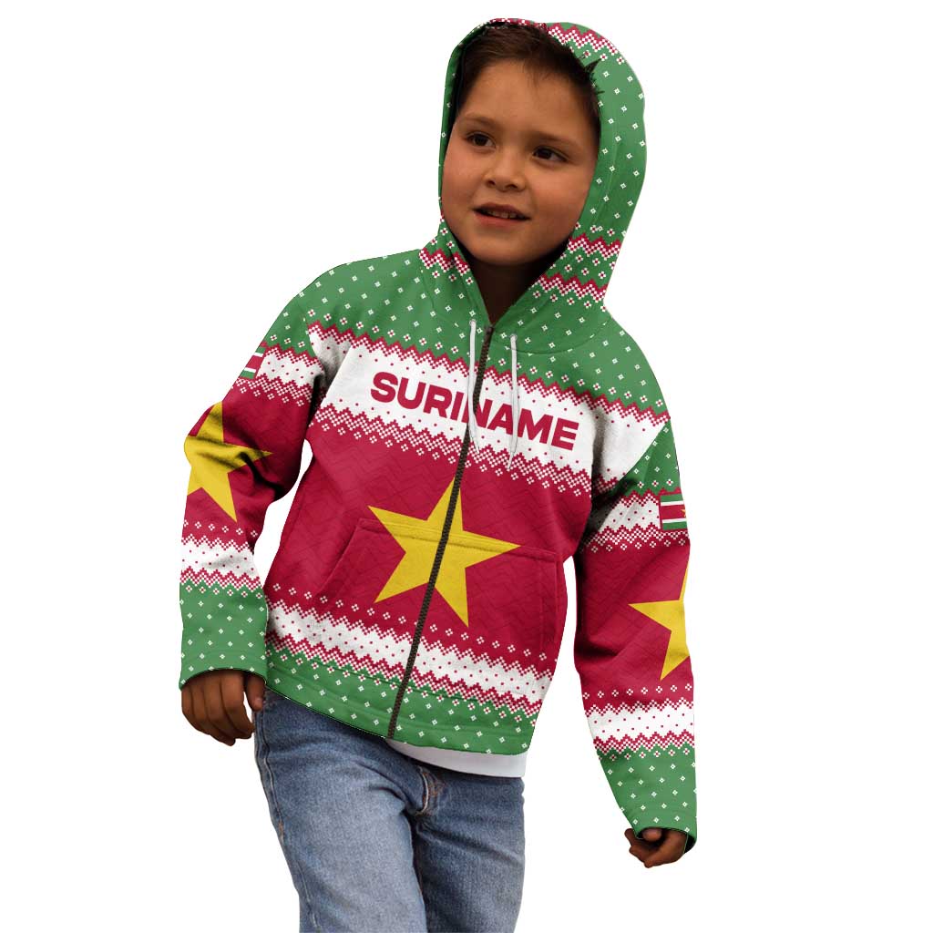 Suriname Christmas Kid Hoodie with Red-Green Knit Pattern, Yellow Star, and Santa Leopard Motif - Wonder Print Shop