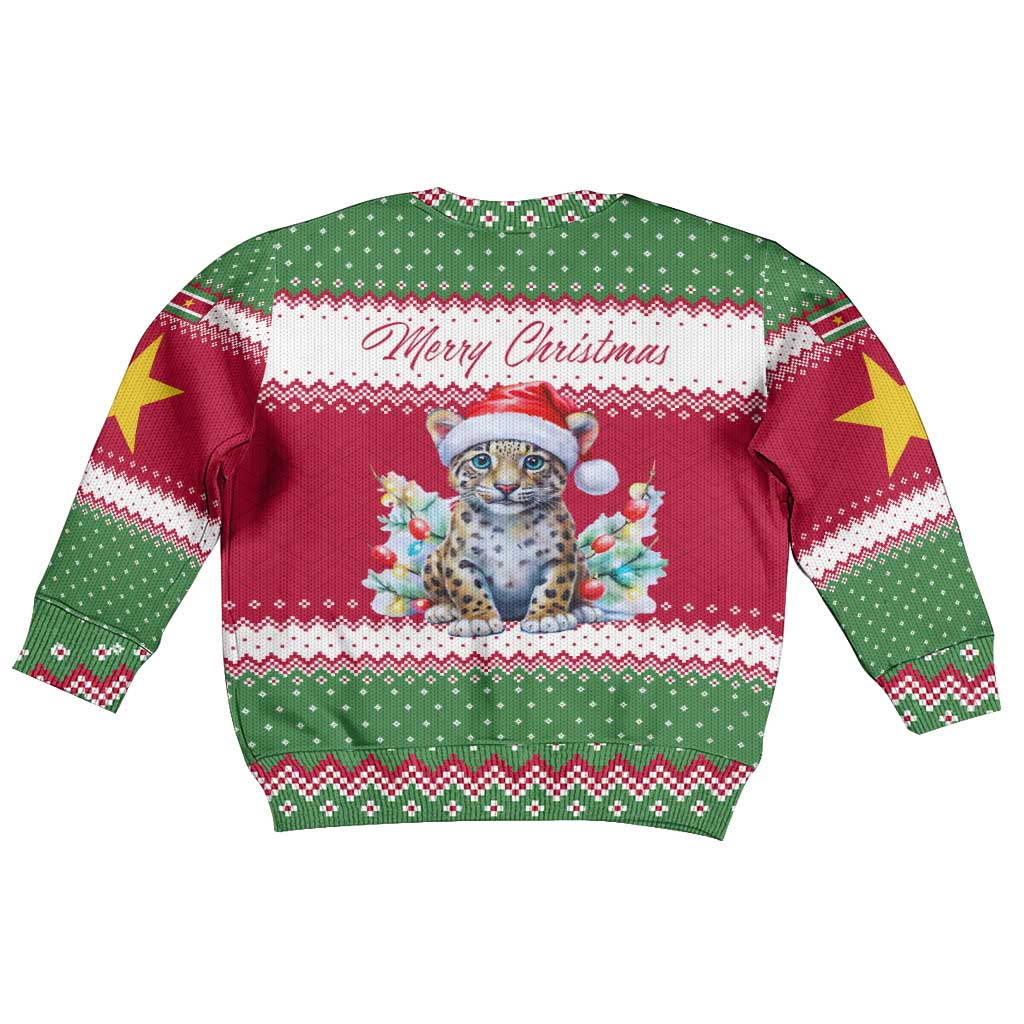 Suriname Christmas Kid Ugly Christmas Sweater with Red-Green Knit Pattern, Yellow Star, and Santa Leopard Motif - Wonder Print Shop