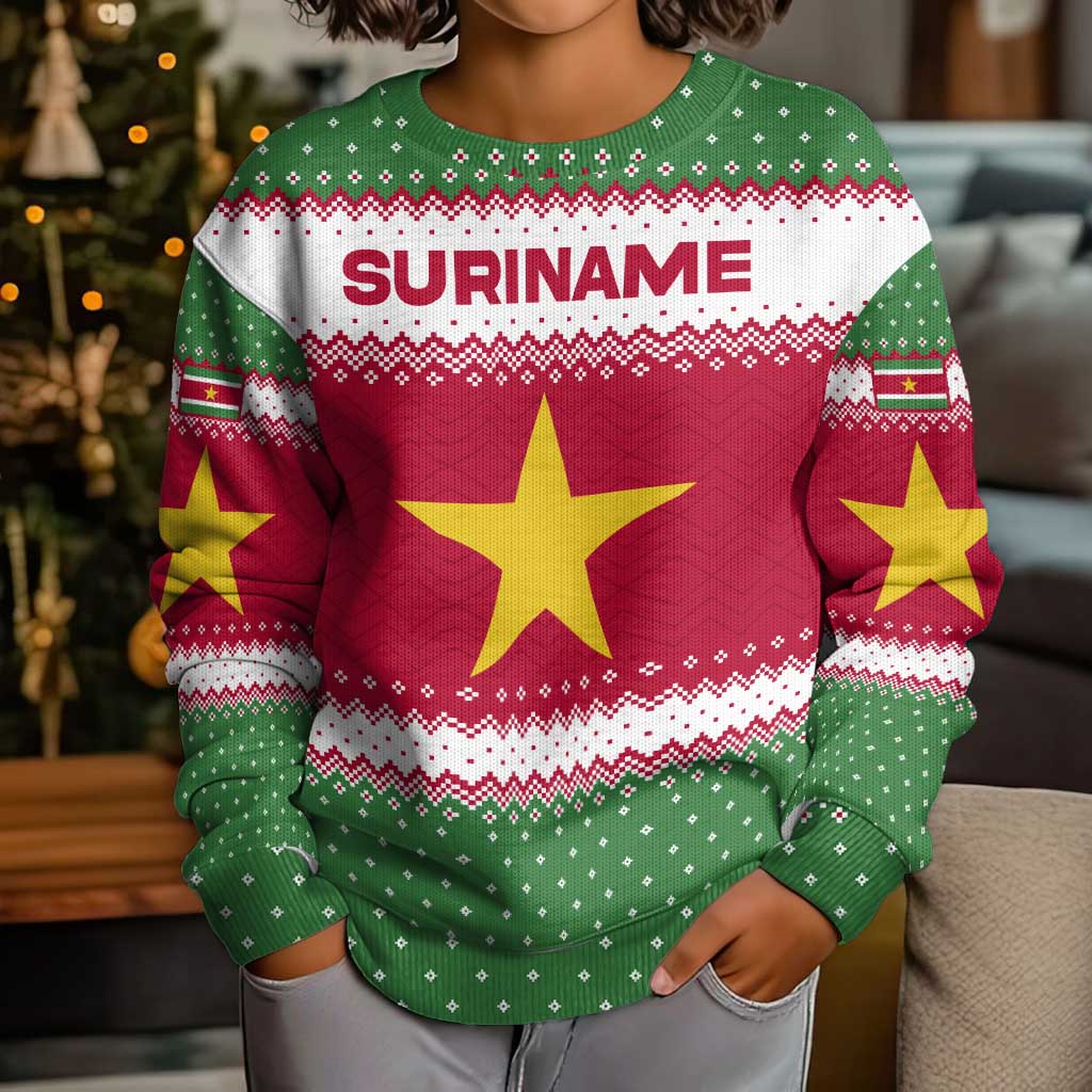 Suriname Christmas Kid Ugly Christmas Sweater with Red-Green Knit Pattern, Yellow Star, and Santa Leopard Motif - Wonder Print Shop