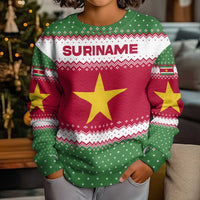 Suriname Christmas Kid Ugly Christmas Sweater with Red-Green Knit Pattern, Yellow Star, and Santa Leopard Motif - Wonder Print Shop